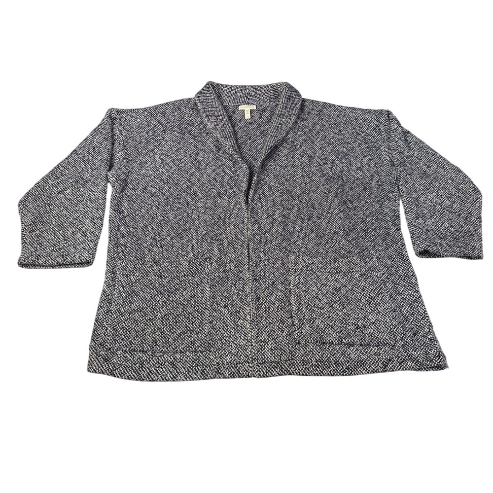 Eileen Fisher Womens Large Black White Knit Shawl Collar Open Front Cardigan‎ L